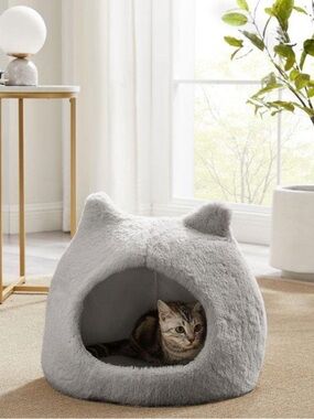 Cozy Gray Cat Bed Cave Plush Kitty Hideaway Pet House Small Cat Bed Unused